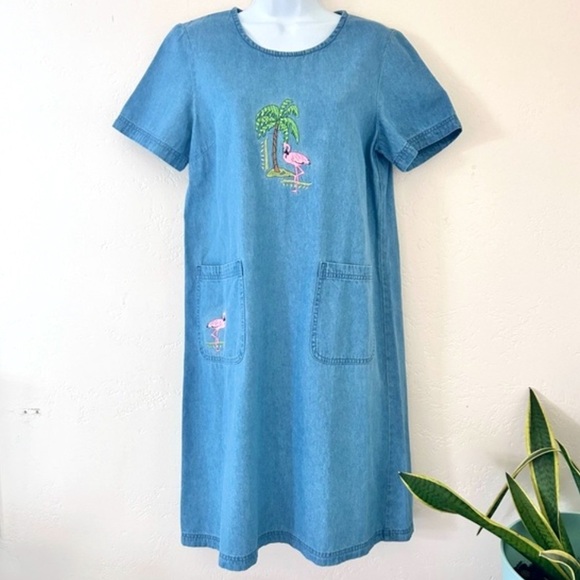 BLAIR 90s Vintage Denim Tropical Flamingo Embroidered Shirt Dress Pocket Size S - Picture 1 of 11